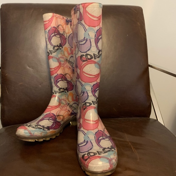 Coach Pixy Dream Poppy multi color rain boots Sz8 - Picture 1 of 8
